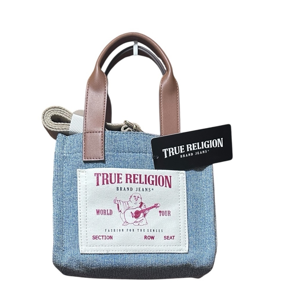 True Religion Blue Denim Tote with Brown Accents
